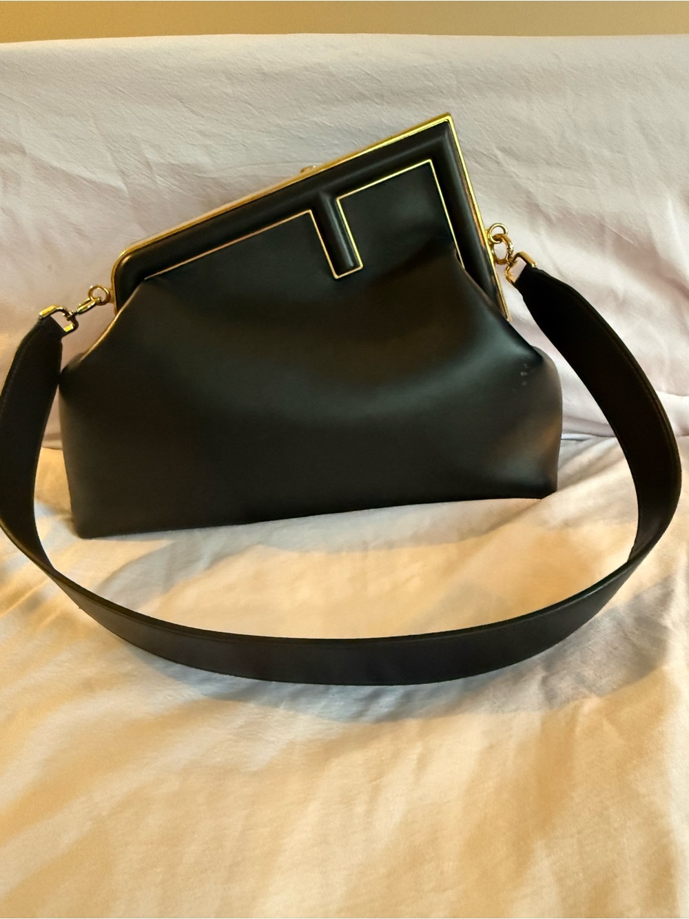 Fendi First Medium in Black Leather with Gold Trim